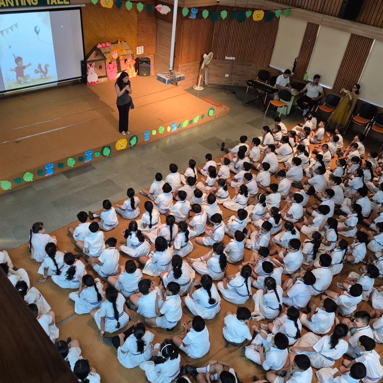 Children gathered for a storytelling session at Apeejay School, Saket