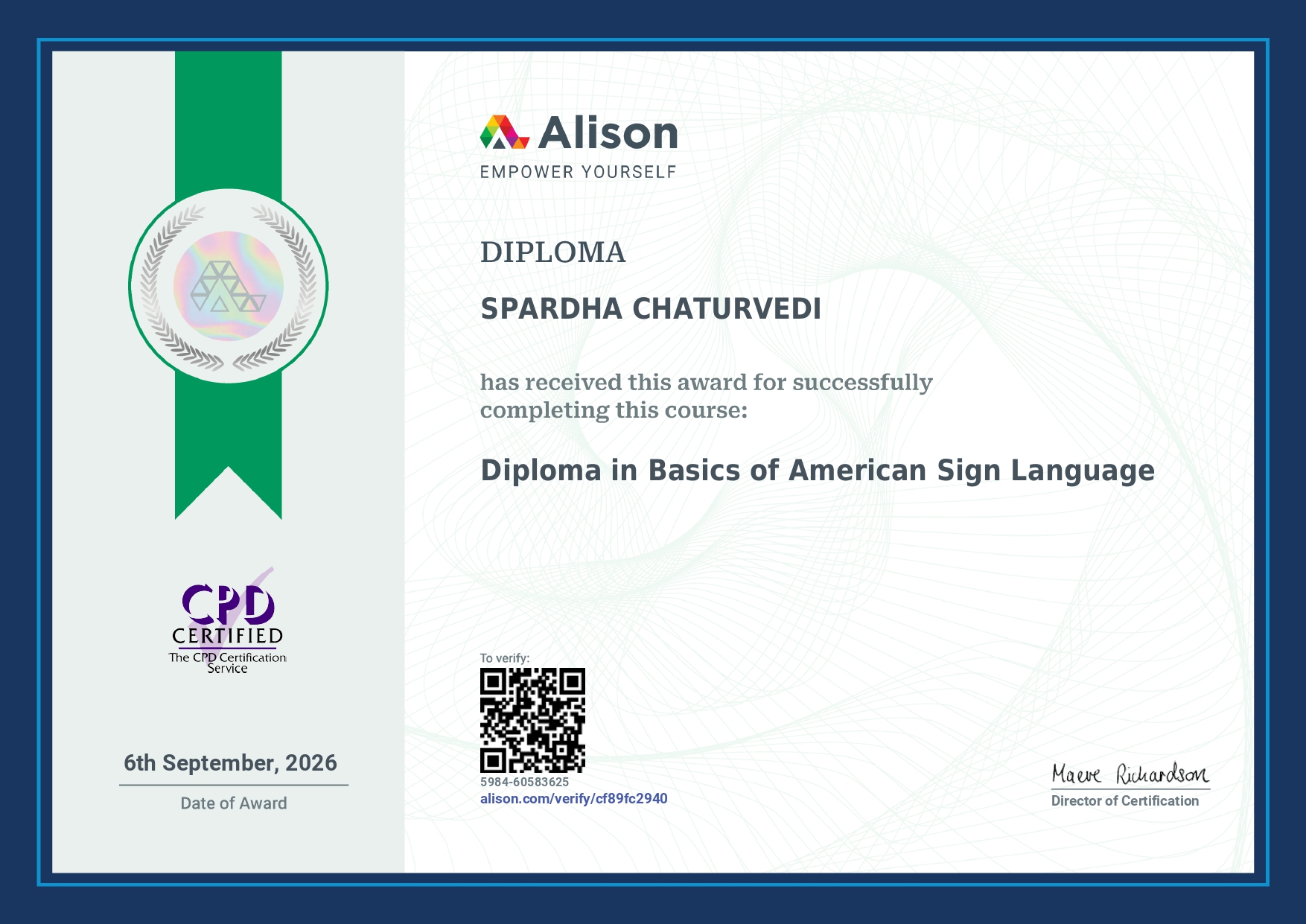 Diploma in Basics of American Sign Language from Alison