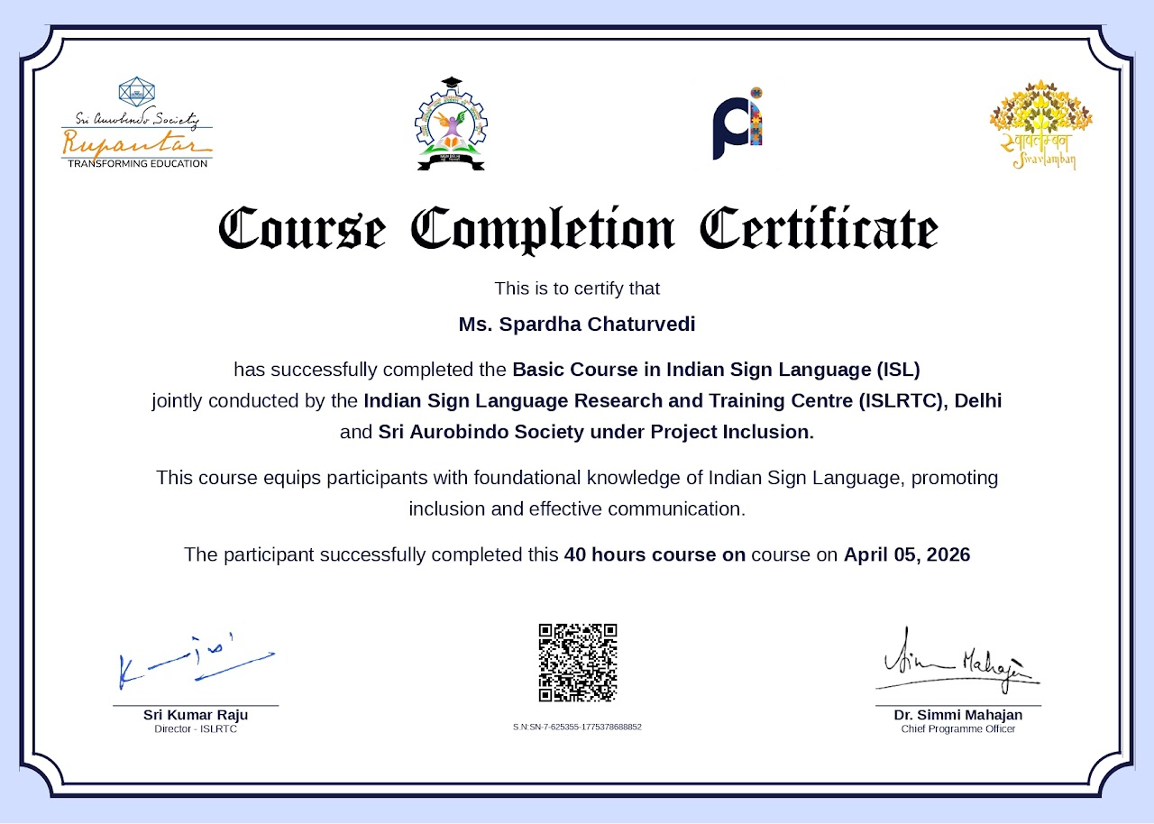 Basic Course in Indian Sign Language certificate